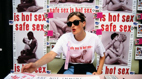 A retro picture of a safe sex stand.