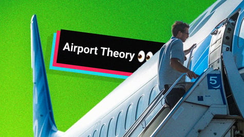 An influencer boarding a plane in a hurry.