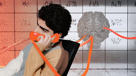 Worker talking with phone and brains