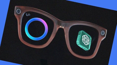 A pair of Ray-ban glasses featuring the Meta and ChatGPT logos in the lenses.
