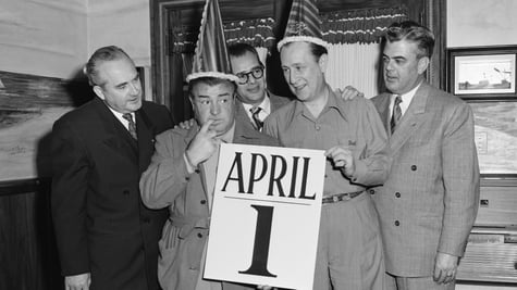 People celebrating April 1 in black and white.