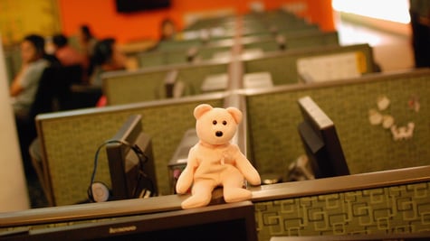 A teddy bear sitting on a top of a cubicle wall in a call center in the Philippines
