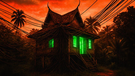 A haunted house with many cables glowing green with a red backdrop.
