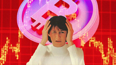 Women shocked expression bitcoin symbol in the background