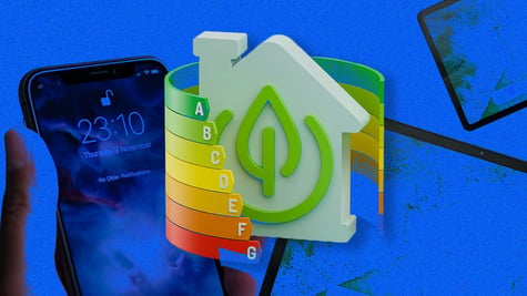 statistics arounda eco-friendly home, sylized green button, a lief, blue background, smartphone