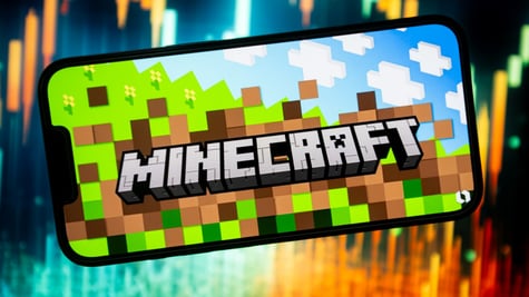 The minecraft logo on a mobile phone.
