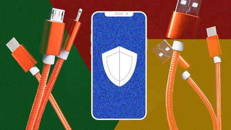 smartphone with USB cable and shield on screen