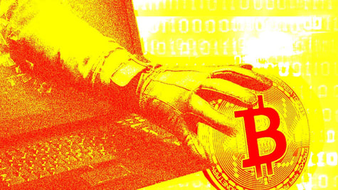 hand coming from laptop screen and stealing a bitcoin