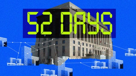 government building with timer on it blue background, some tiny institutions around