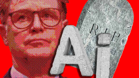 Nick Clegg next to a stone grave and stone 'AI' letters.