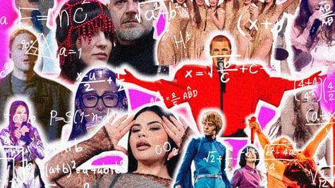 An array of Eurovision singers surrounded by mathematical equations.