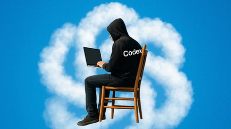 agent dressed in black on a cloud, sky blue background, coding, codex sign on back