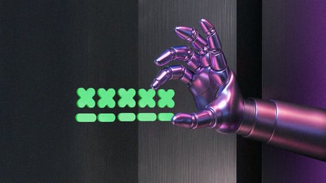 A robot hand holding a code; AI in cybersecurity; passwords