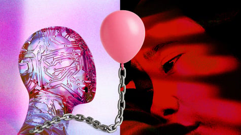 An exploited sex worker, sharing a divided screen with a robot wearing a balloon.
