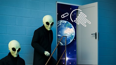 Two aliens stepping through a space portal.