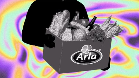 hacker in black, sptealing a black and white food box from Arla, colorful background