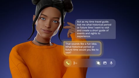 digital avatar in orange jumper, black hair and dark skin, chatting with somebody, blue background