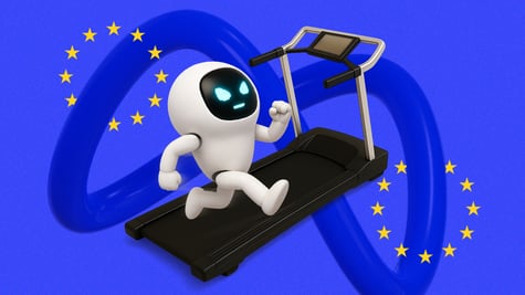 bot running on treadmill in blue background with meta logo behind and EU flag stars