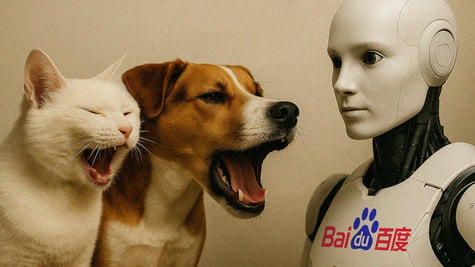 white cat, brown dog, baidu robot, sandy background