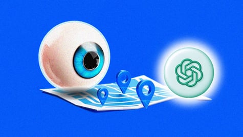 eyeball on a map and geogessr logo,  blue blackground