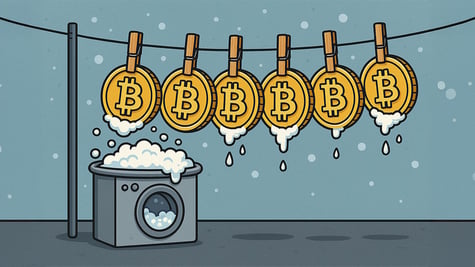 wet crypto coins hanging out to dry with washing machine below them