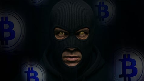thief with bitcoins instead of eyes, black mask