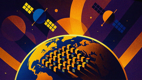 Data centers in space in a colorful cubist style.