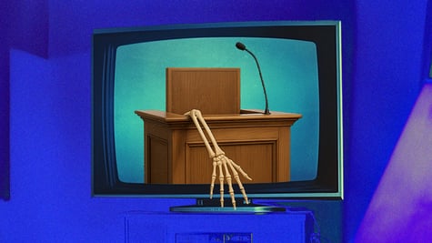 blue background, tv set, court stand, microphone, bone hand coming out