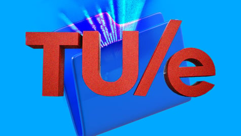 Eidenhoven university sign in red, blue folder in the background with light coming out of it