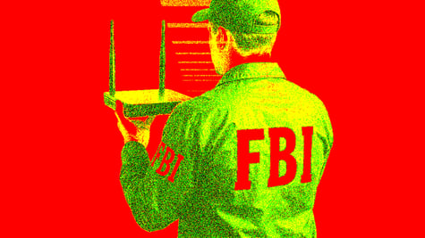 yellow fbi angent holding a router, red banckground