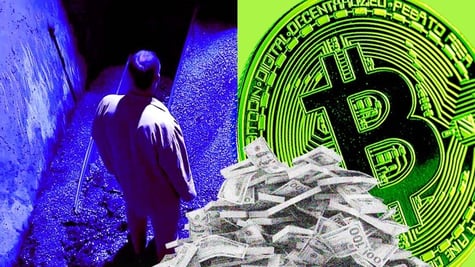 man on street, green bitcoin, pile of cash