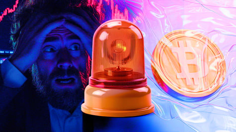bitcoin, concerned man, red alarm