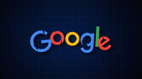 google logo in arch shape a little broken in dar blue background