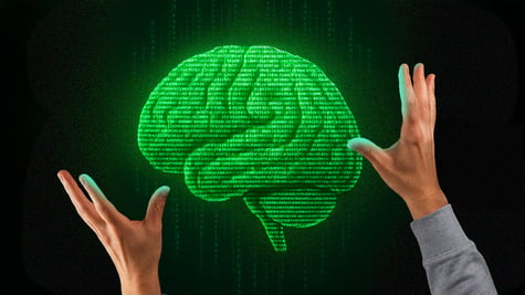 green glowing brain with human hands in matrix number background