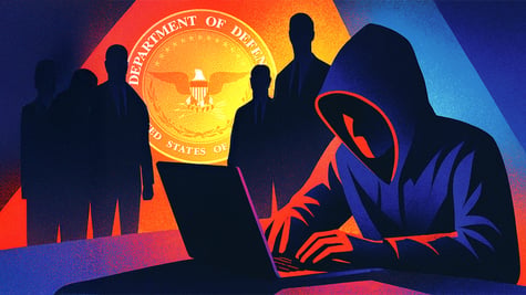 hacker hacking with governmental institution logo in the back with some people