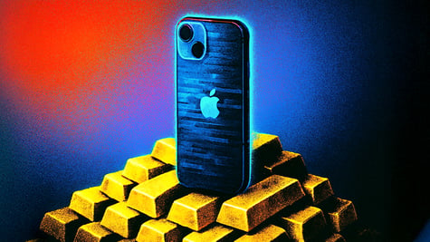 iphone on top an a load of gold bricks, red and blue background
