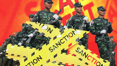 army men in uniform, guns, yellow tape with sanctions on them