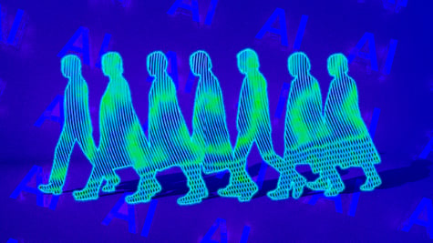 AI agents marching together, glowing blue and green.