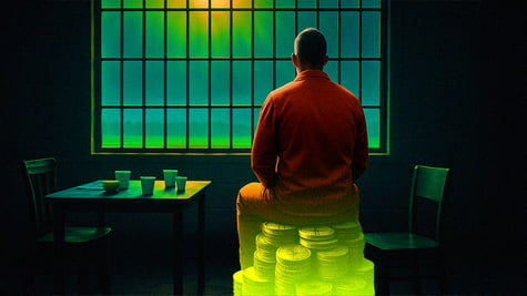 convict behind bars sitting-on a pile of bitcoins chair and tables next to him with cups on top