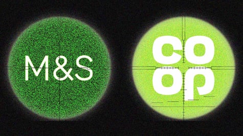 The logos of M&S and Co-op shops from UK on green backgrounds.