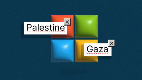 Microsoft logo with terms "Palestine" and "Gaza"