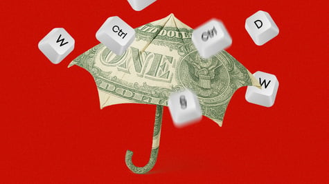 money umbrella with keyboard keys raining, red background
