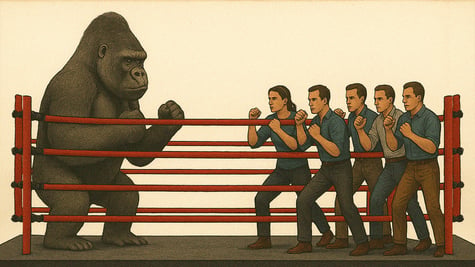 Five alpha males fighting a silverback gorilla in a boxing ring.