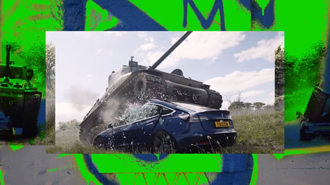 A tank crushing a Tesla in protest against Elon Musk