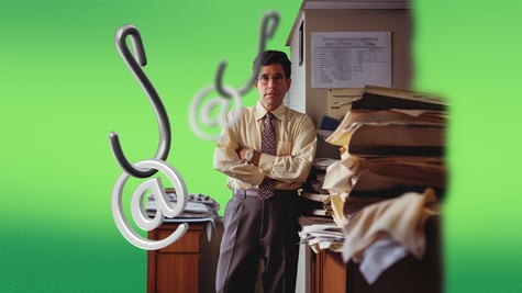 lawyer with hooks and boxes of documents