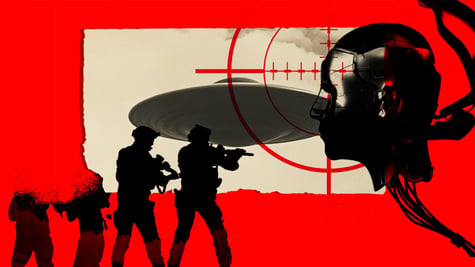 An abstract image of army forces, AI and a UFO.