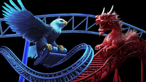 Blue eagle representing USA and a red dragon representing China on a rollercoaster