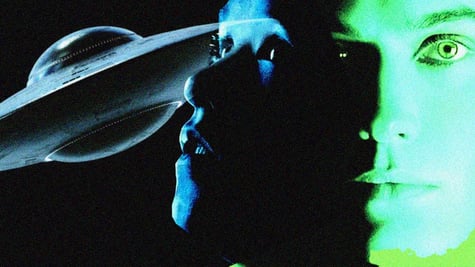 A human, an AI and a spaceship in an eerie image.