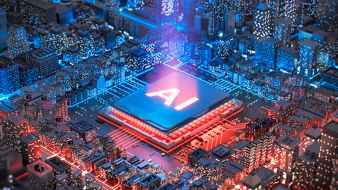 AI sign in the middle of a well lit town, dark blue and lights