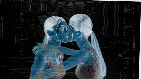 two AI women in black shirts with long hair hugging